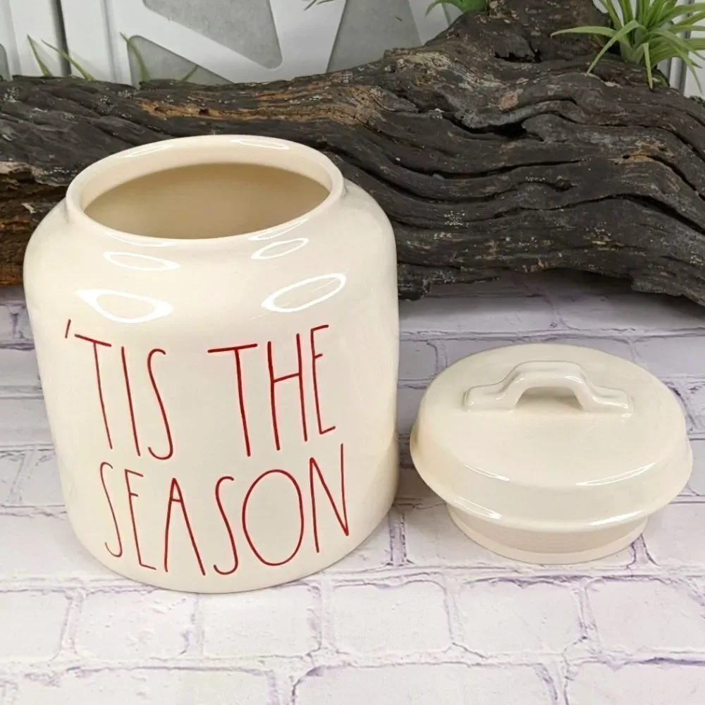 Rae Dunn TIS THE SEASON Ceramic Cookie Jar Canister with Red Lettering
